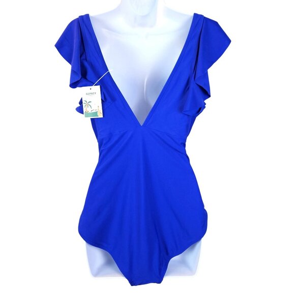 B2prity Womens One Piece Swimsuit Ruffle Cutout Bathing Suit XL Blue Beach Pool - Picture 5 of 10